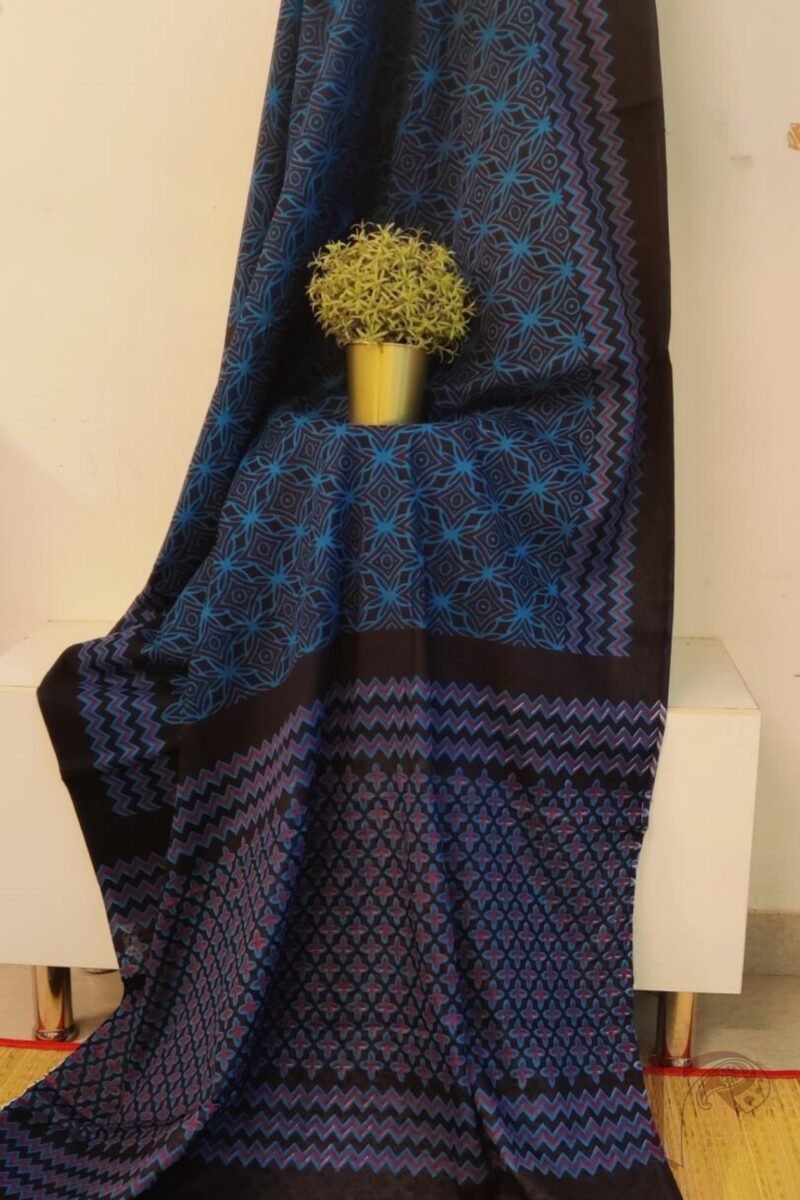 Mulmul Muse – Navy Blue Mulmul Cotton Saree with Jal Print and Zigzag Border - Image 3