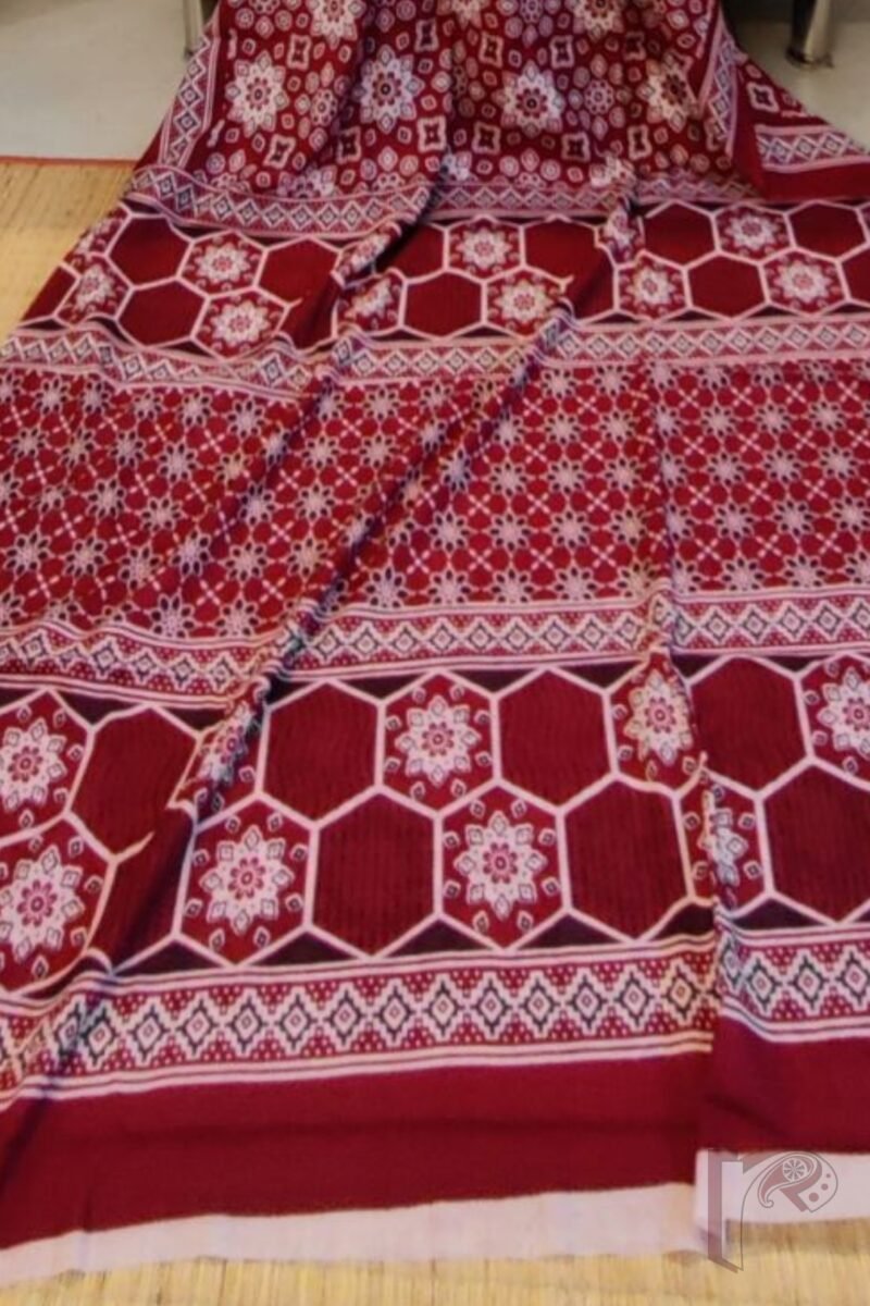 Mulmul Muse – Maroon Mulmul Cotton Saree with Ajrakh-Inspired Floral Block Print and Contrasting Pallu - Image 6