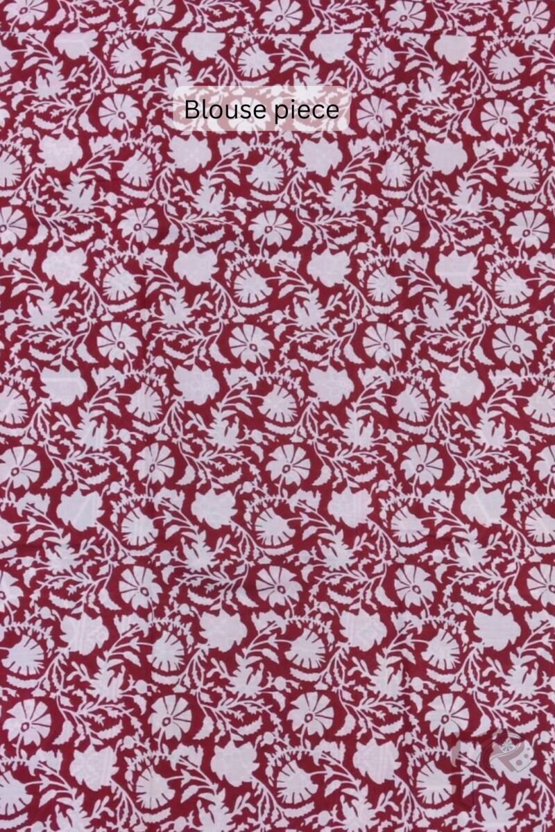 Mulmul Muse – Maroon Mulmul Cotton Saree with Ajrakh-Inspired Floral Block Print and Contrasting Pallu - Image 7
