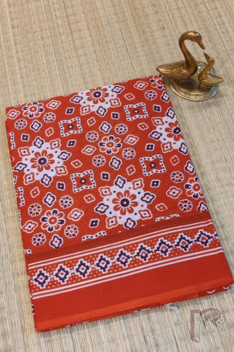 Mulmul Muse – Orange Mulmul Cotton Saree with Ajrakh-Inspired Floral Block Print and Contrasting Pallu - Image 2