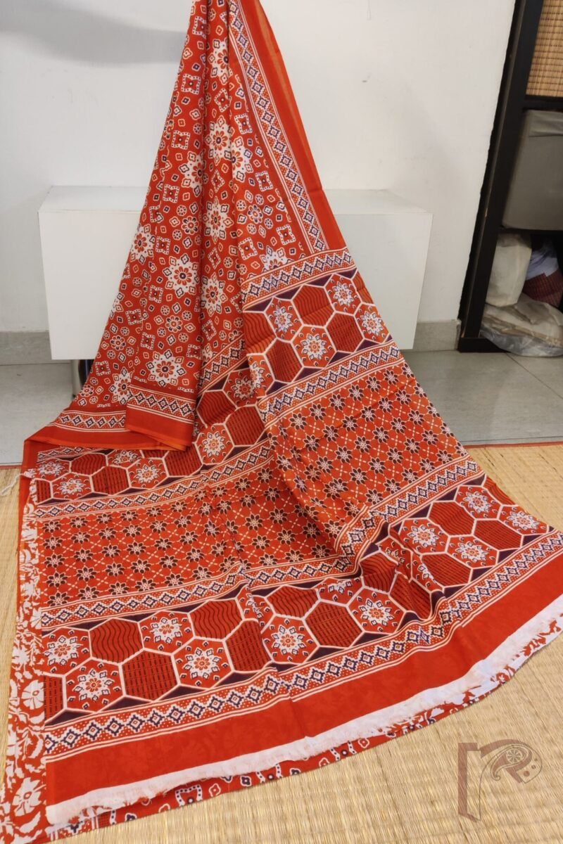 Mulmul Muse – Orange Mulmul Cotton Saree with Ajrakh-Inspired Floral Block Print and Contrasting Pallu - Image 3