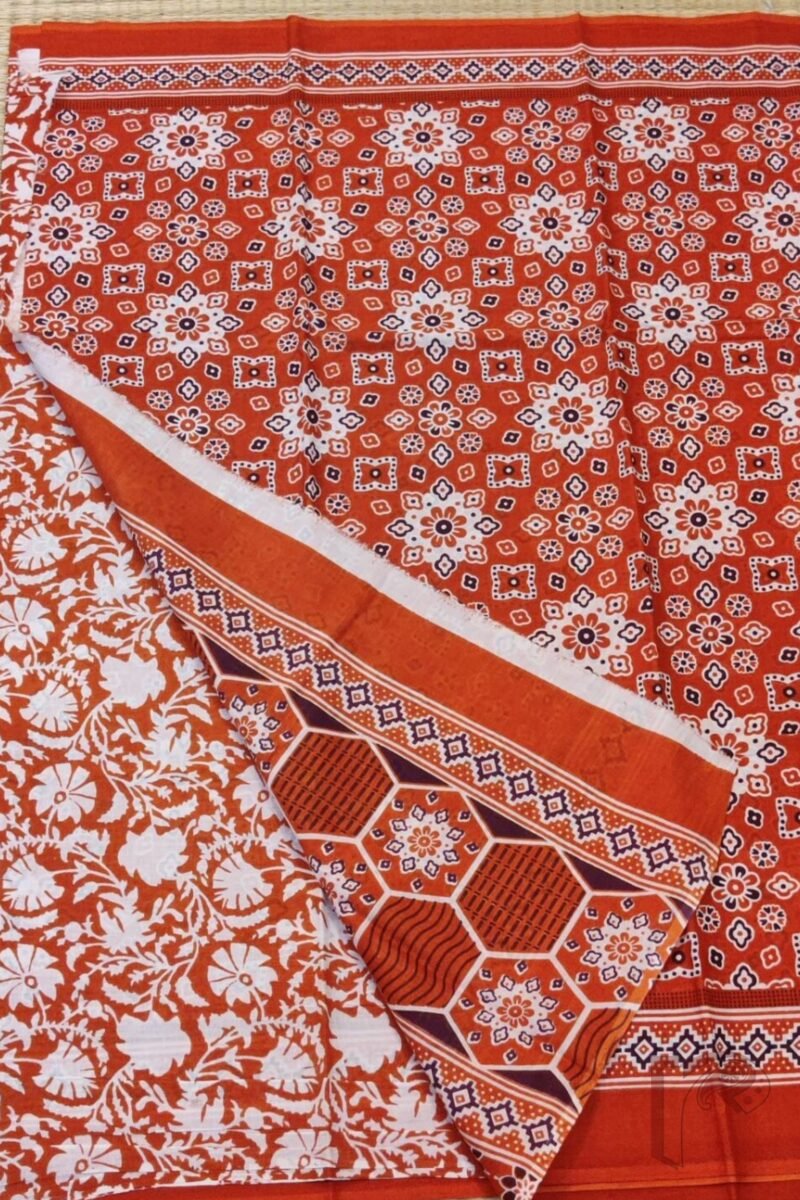 Mulmul Muse – Orange Mulmul Cotton Saree with Ajrakh-Inspired Floral Block Print and Contrasting Pallu - Image 4
