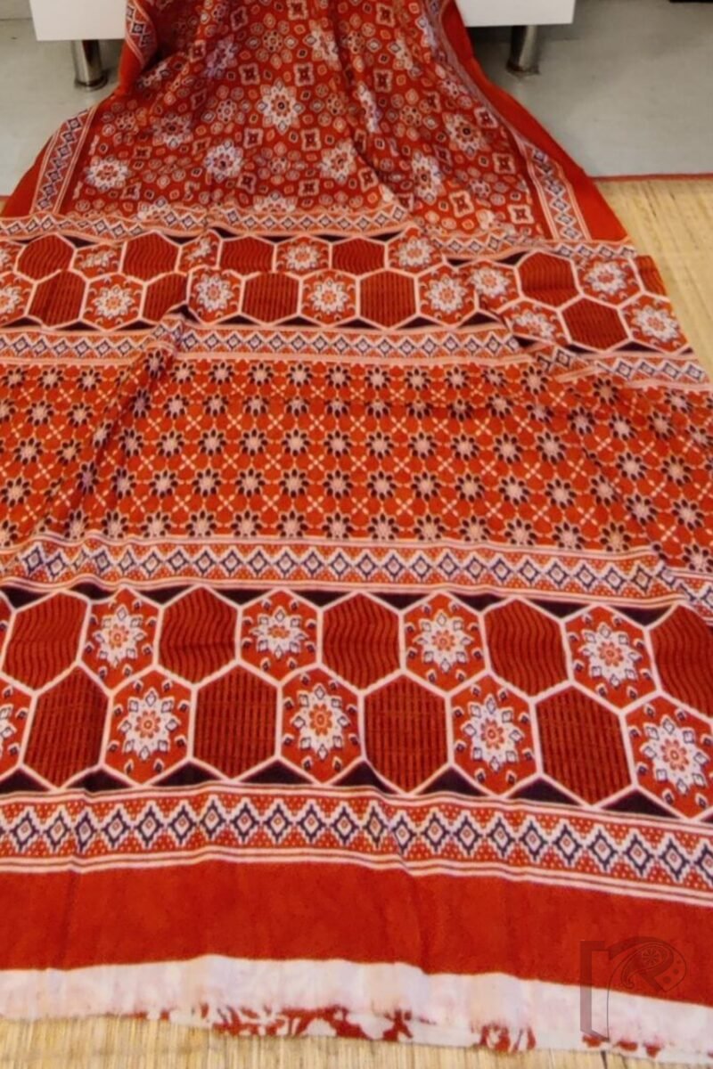 Mulmul Muse – Orange Mulmul Cotton Saree with Ajrakh-Inspired Floral Block Print and Contrasting Pallu - Image 6