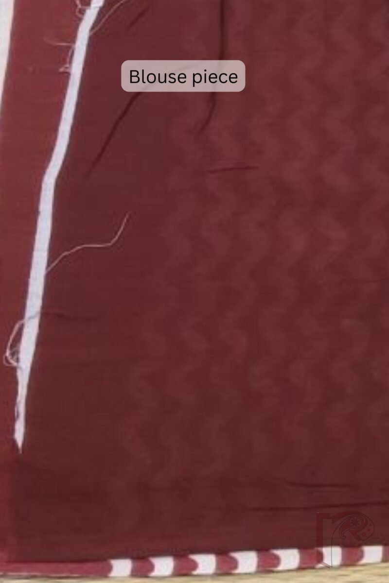 Mulmul Muse – Maroon Mulmul Cotton Saree with Heart Leaf Block Print & Wave Line Border - Image 7