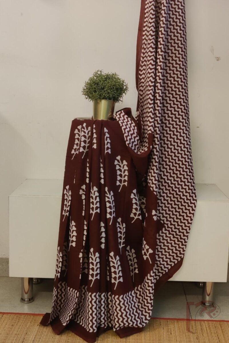 Mulmul Muse – Maroon Mulmul Cotton Saree with Heart Leaf Block Print & Wave Line Border