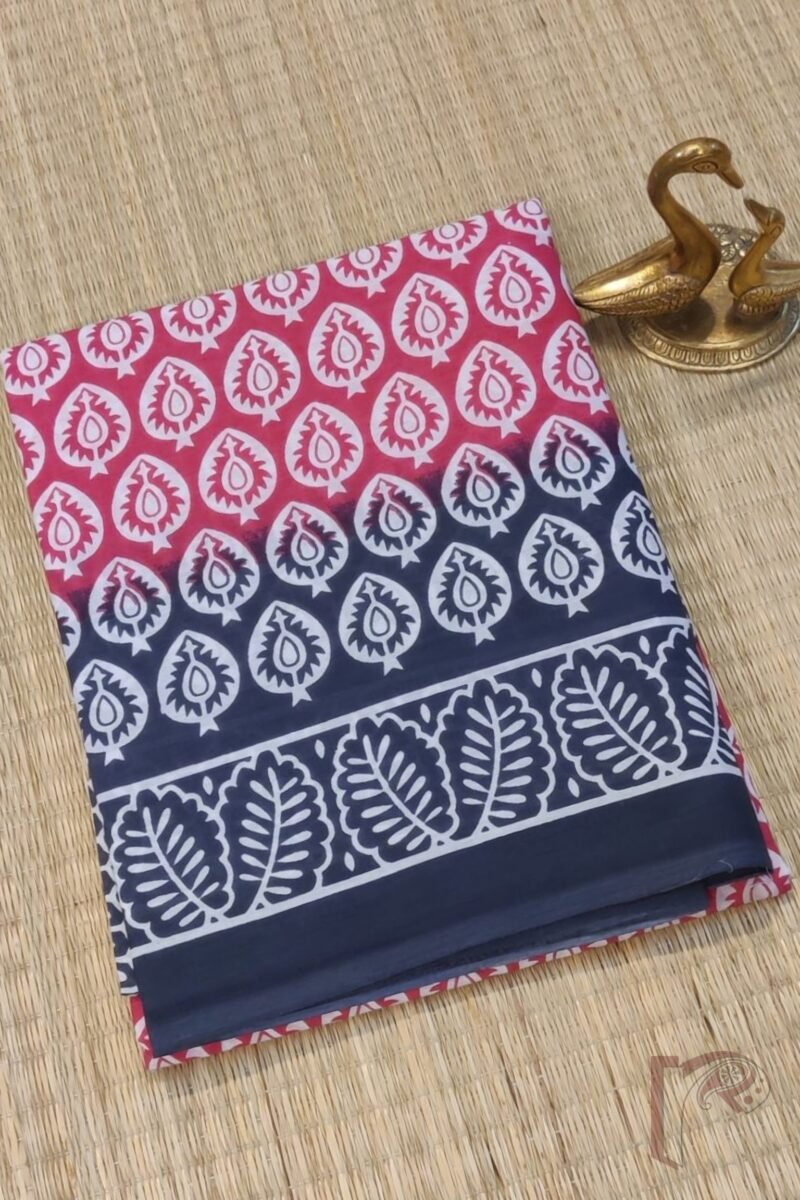 Mulmul Muse – Pink & Grey Mulmul Cotton Saree with Spade Leaf Motifs and Wavy Border - Image 2