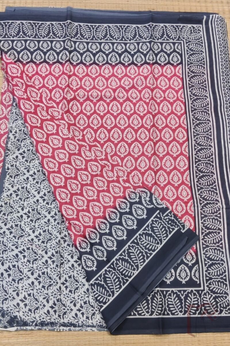 Mulmul Muse – Pink & Grey Mulmul Cotton Saree with Spade Leaf Motifs and Wavy Border - Image 4