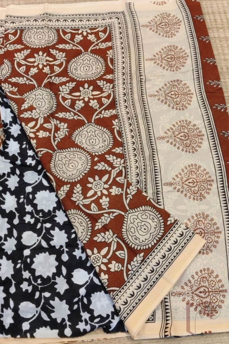 Mulmul Muse – Brown & Cream Mulmul Cotton Saree with Pan Leaf and Floral Motifs - Image 4