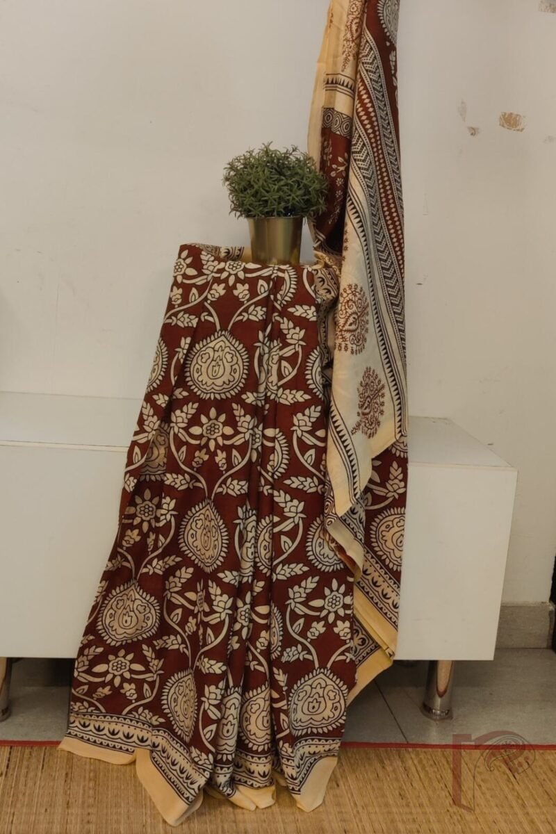 Mulmul Muse – Brown & Cream Mulmul Cotton Saree with Pan Leaf and Floral Motifs