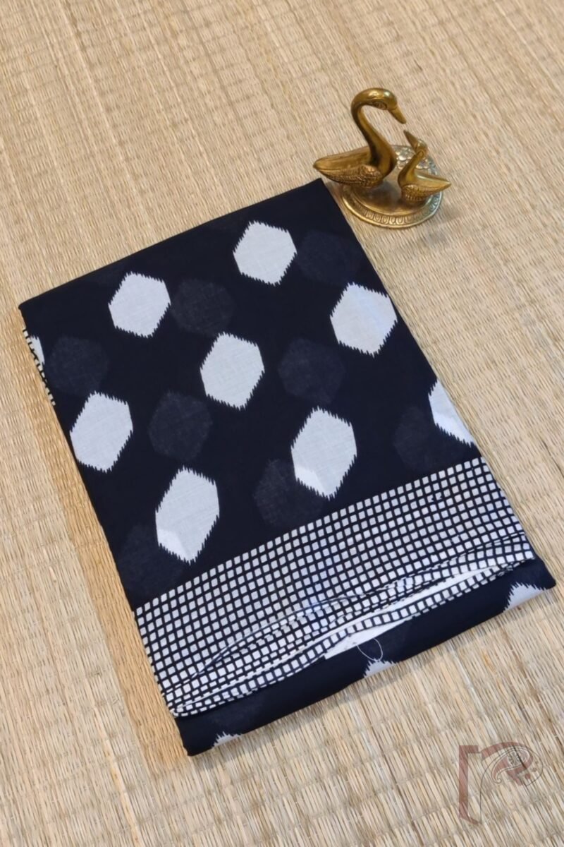 Mulmul Muse – Black Soft Cotton Saree with White Circular Ikat-Inspired Print and Check Borders - Image 2