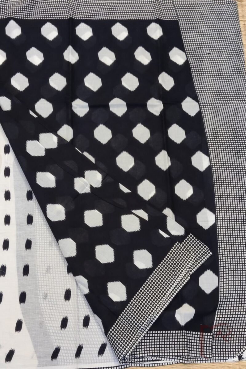 Mulmul Muse – Black Soft Cotton Saree with White Circular Ikat-Inspired Print and Check Borders - Image 4