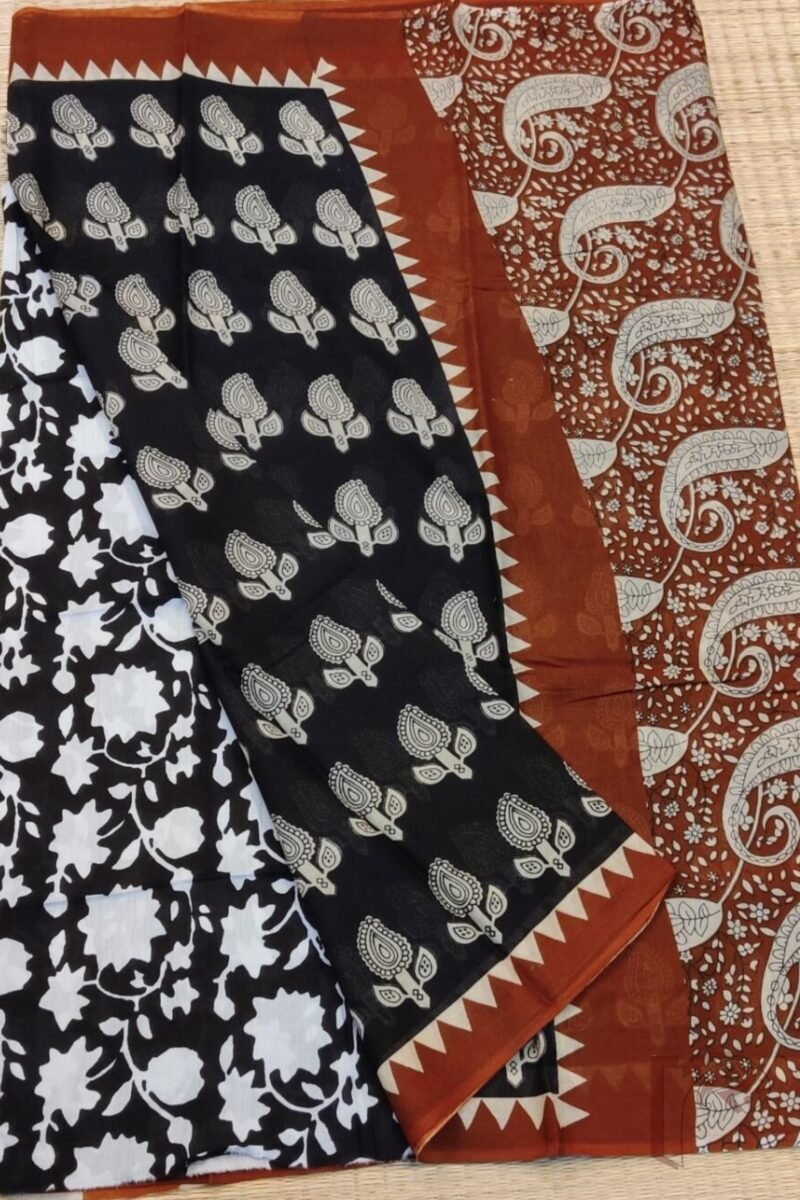 Mulmul Muse – Black Soft Cotton Saree with Cream Mango Floral Motifs and Rust Temple Borders - Image 4