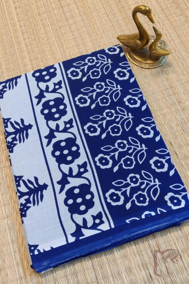 Mulmul Muse – Blue Cotton Mul Saree with Diamond Dot Pattern and Blue-White Floral Pallu - Image 2