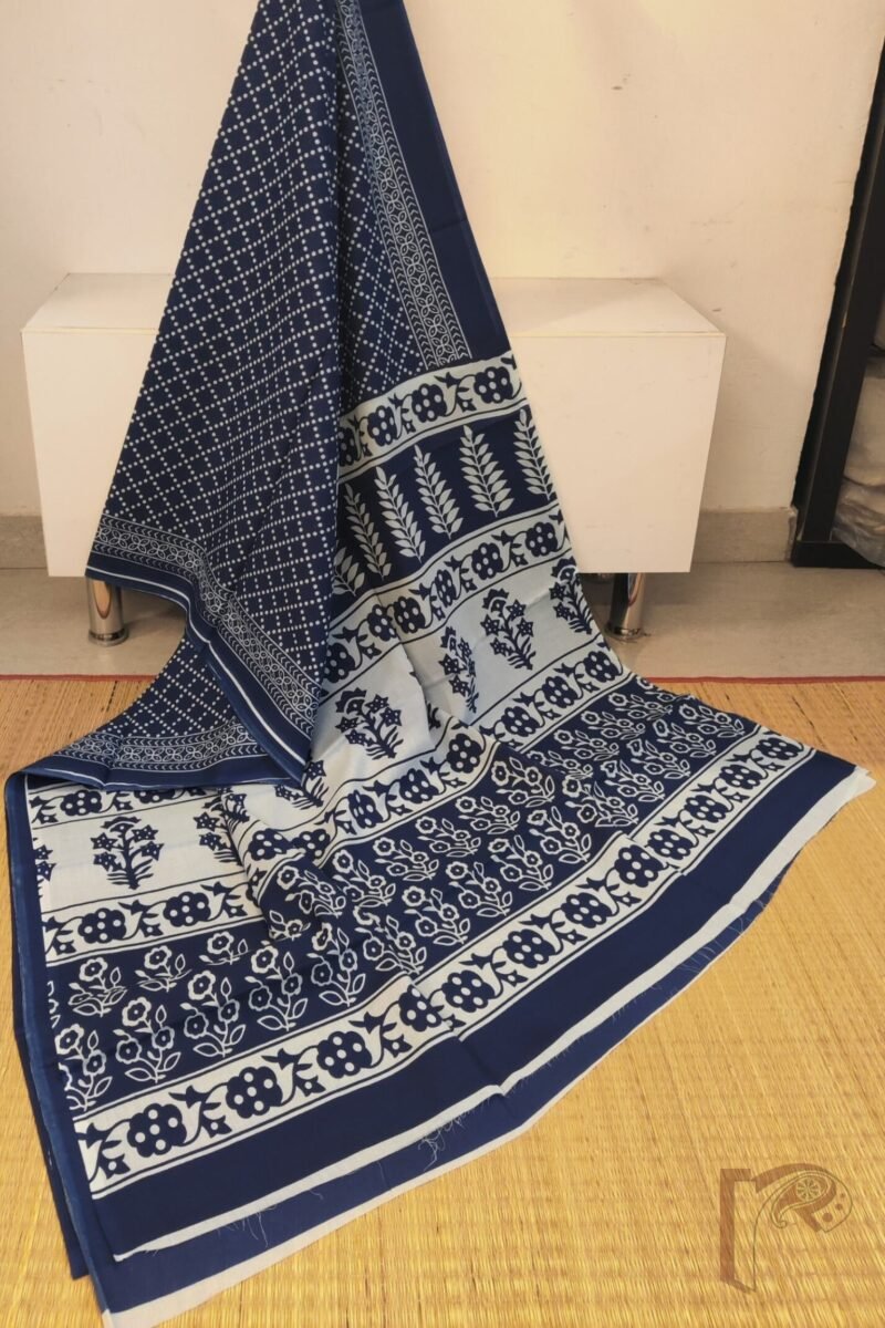 Mulmul Muse – Blue Cotton Mul Saree with Diamond Dot Pattern and Blue-White Floral Pallu - Image 3