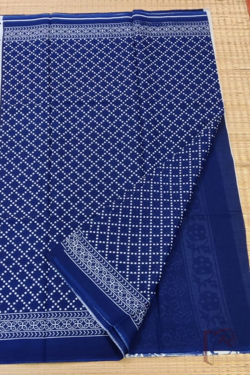 Mulmul Muse – Blue Cotton Mul Saree with Diamond Dot Pattern and Blue-White Floral Pallu - Image 4