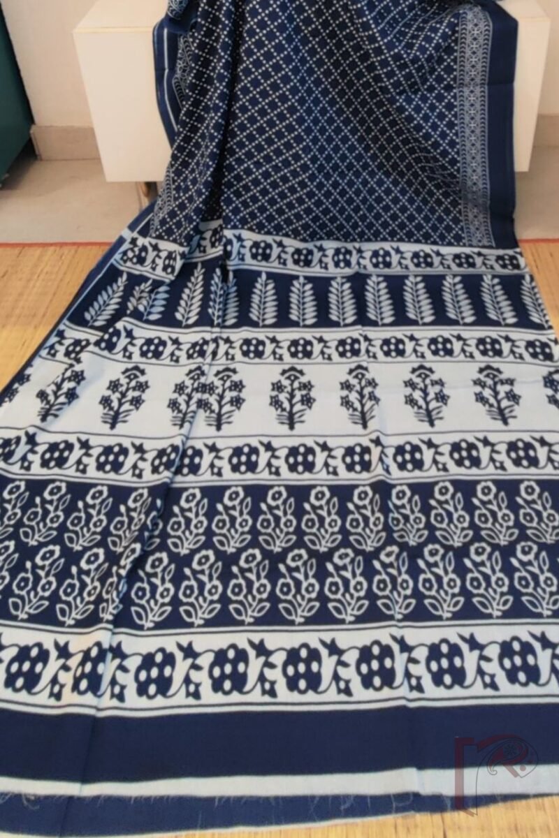 Mulmul Muse – Blue Cotton Mul Saree with Diamond Dot Pattern and Blue-White Floral Pallu - Image 6