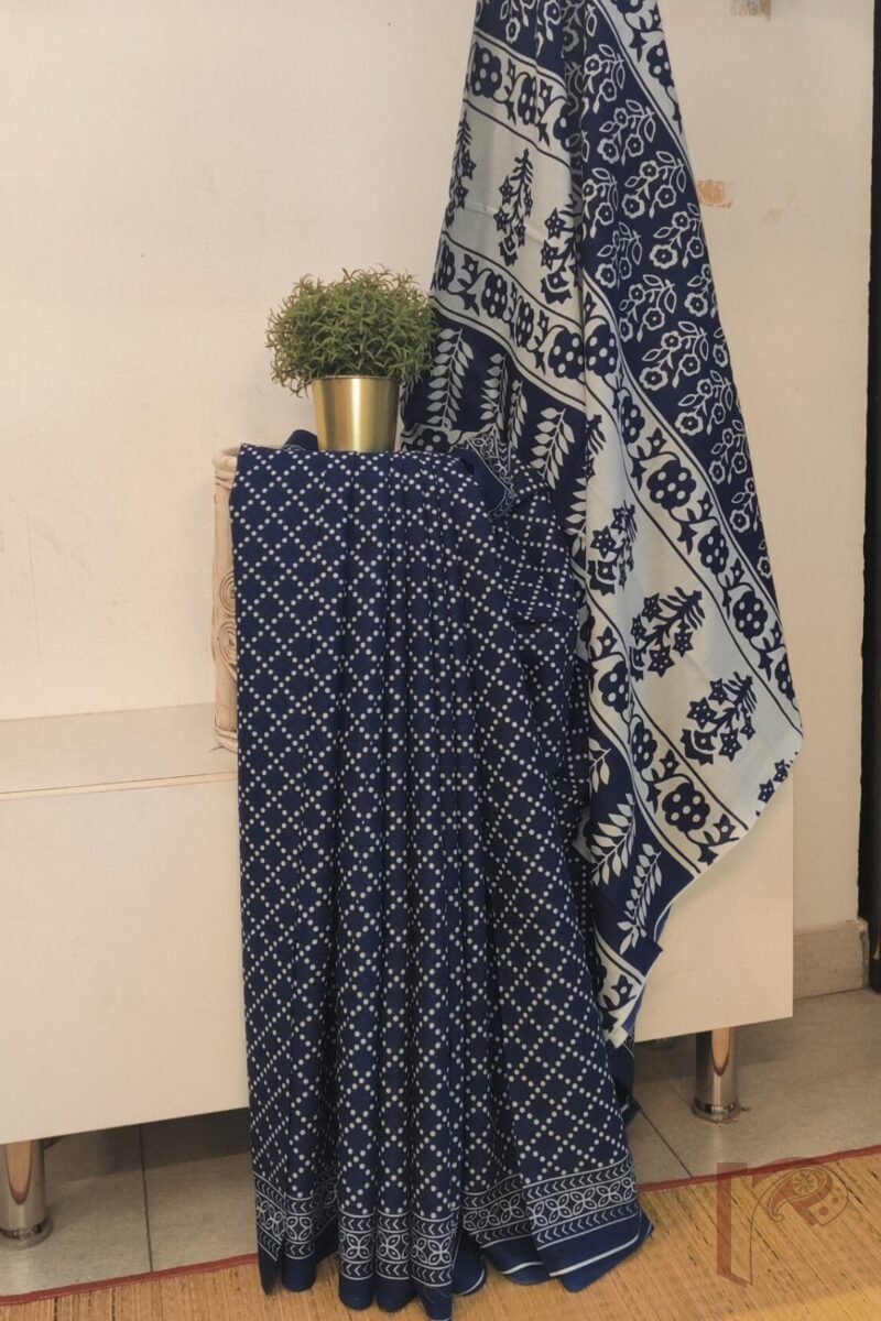 Mulmul Muse – Blue Cotton Mul Saree with Diamond Dot Pattern and Blue-White Floral Pallu
