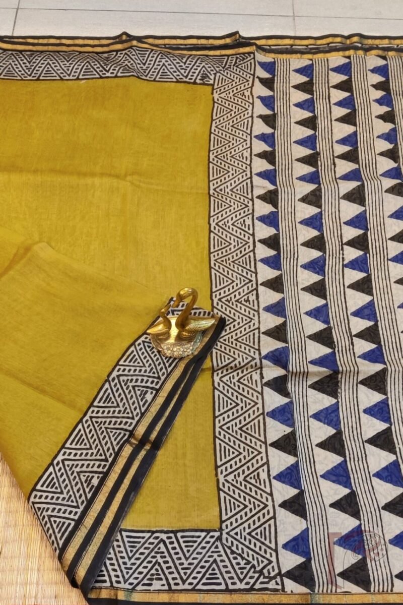 Chanderi Charisma - Mustard Yellow Chanderi Saree with Black Abstract Triangle Border, Blue-Black Printed Pallu, and Cream Floral Blouse - Image 3