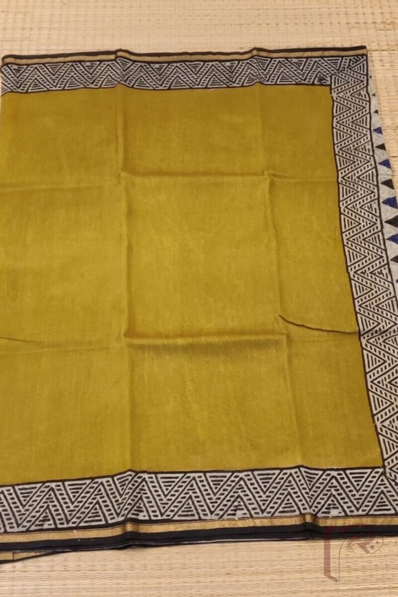 Chanderi Charisma - Mustard Yellow Chanderi Saree with Black Abstract Triangle Border, Blue-Black Printed Pallu, and Cream Floral Blouse - Image 4