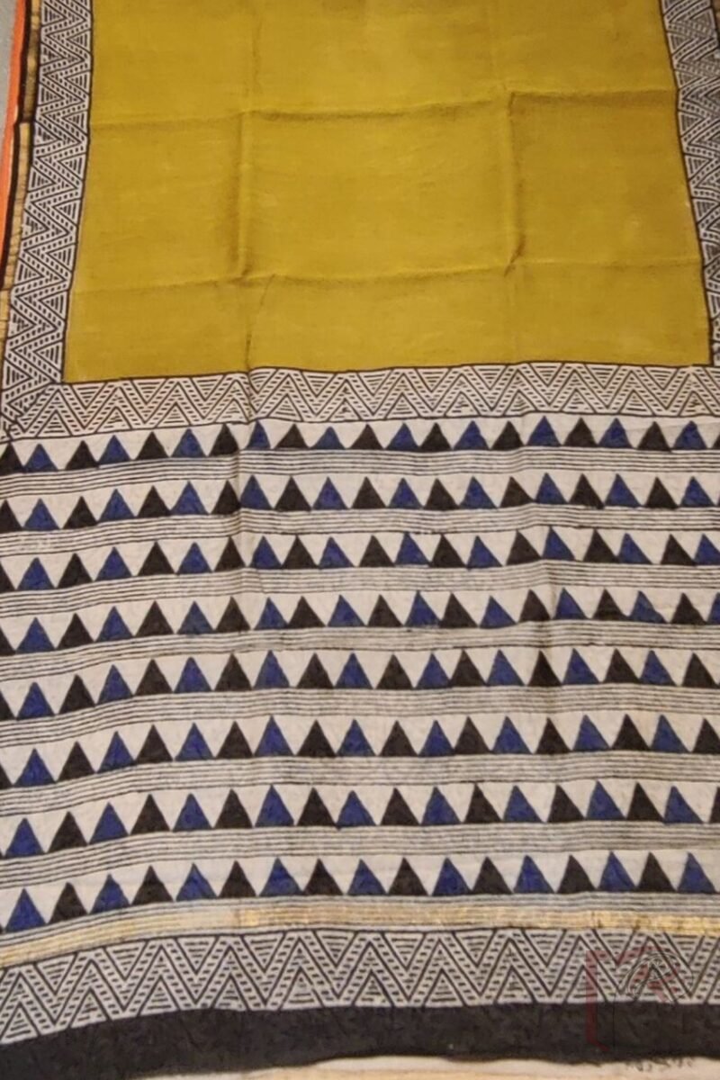 Chanderi Charisma - Mustard Yellow Chanderi Saree with Black Abstract Triangle Border, Blue-Black Printed Pallu, and Cream Floral Blouse - Image 5