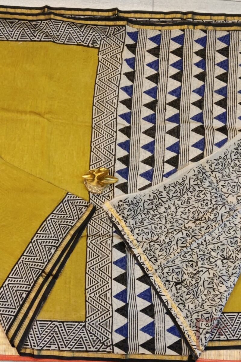Chanderi Charisma - Mustard Yellow Chanderi Saree with Black Abstract Triangle Border, Blue-Black Printed Pallu, and Cream Floral Blouse - Image 6
