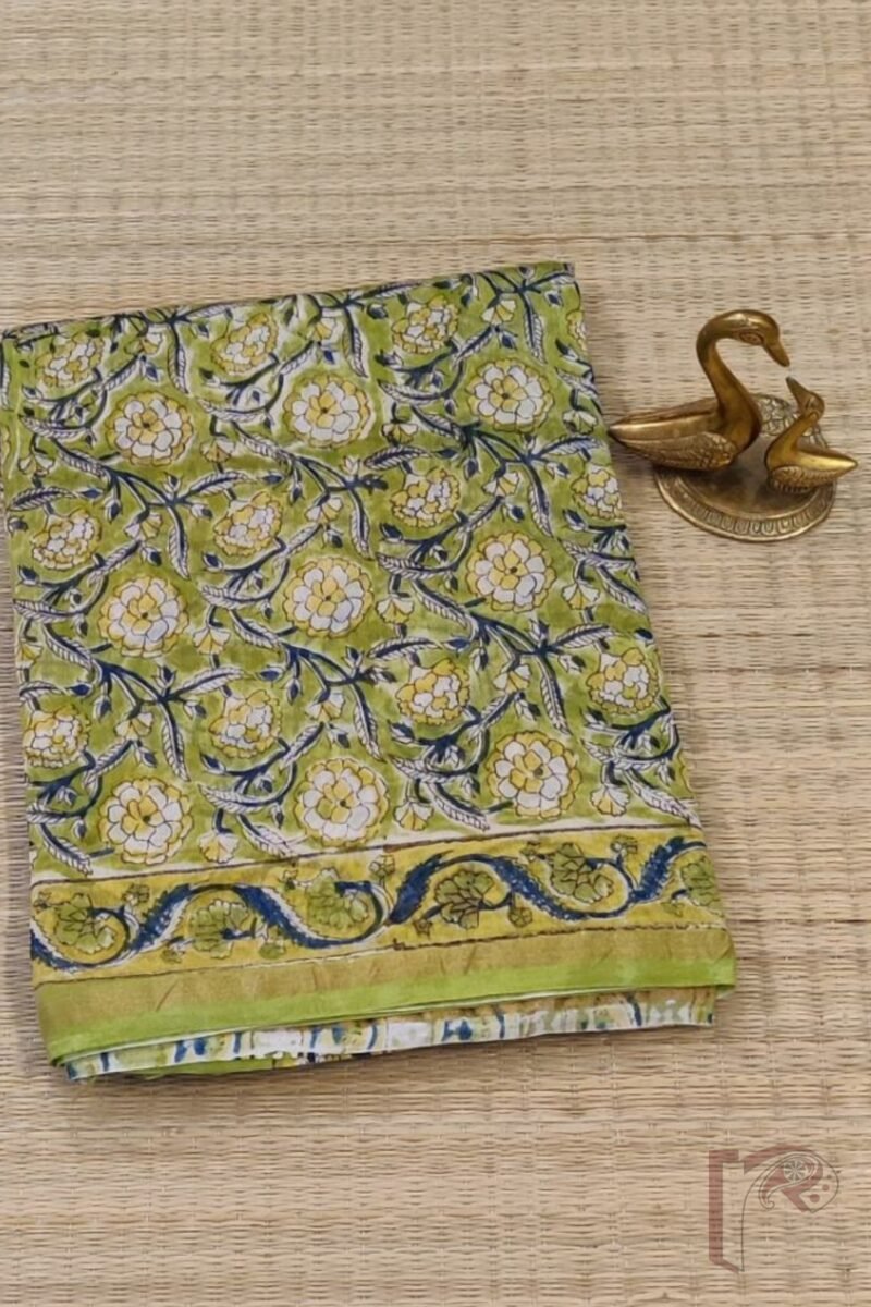 Chanderi Charisma - Lime Green Chanderi Silk Saree with Multicolor Floral Stem Print and Coordinated Printed Blouse - Image 2