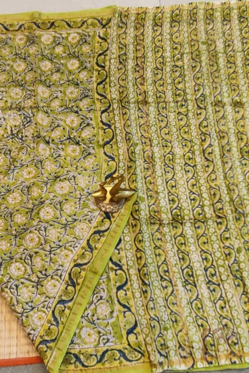 Chanderi Charisma - Lime Green Chanderi Silk Saree with Multicolor Floral Stem Print and Coordinated Printed Blouse - Image 3