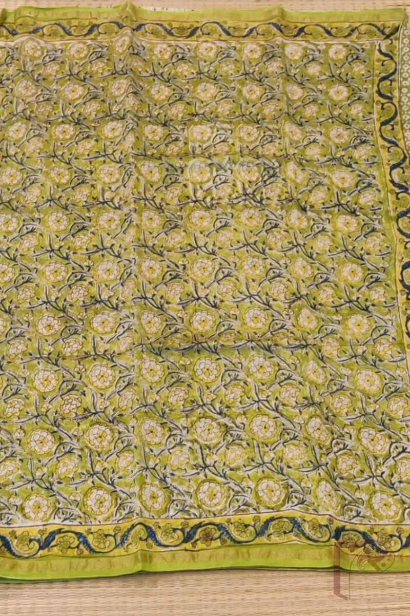 Chanderi Charisma - Lime Green Chanderi Silk Saree with Multicolor Floral Stem Print and Coordinated Printed Blouse - Image 4