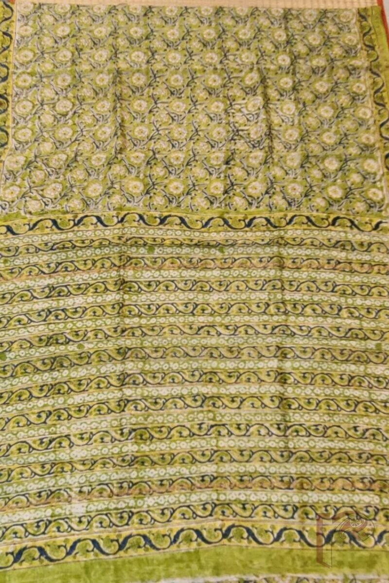 Chanderi Charisma - Lime Green Chanderi Silk Saree with Multicolor Floral Stem Print and Coordinated Printed Blouse - Image 5