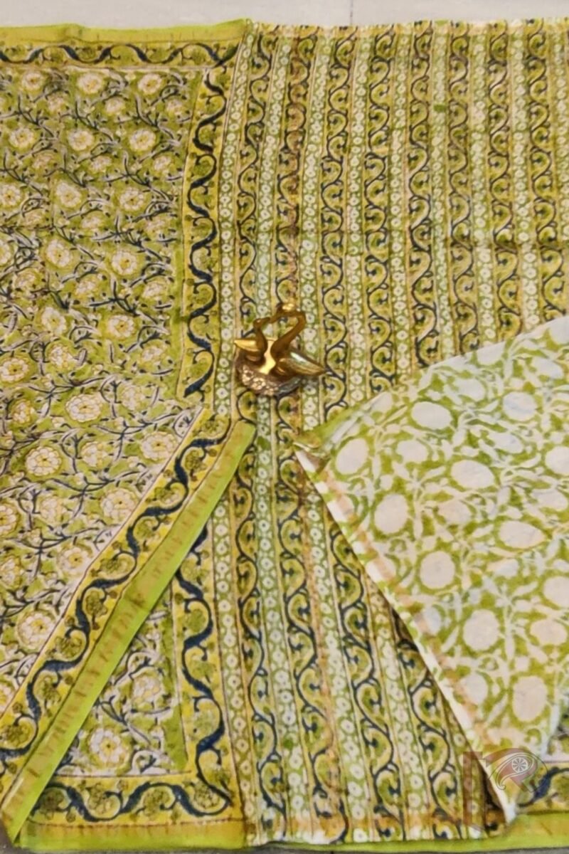Chanderi Charisma - Lime Green Chanderi Silk Saree with Multicolor Floral Stem Print and Coordinated Printed Blouse - Image 6