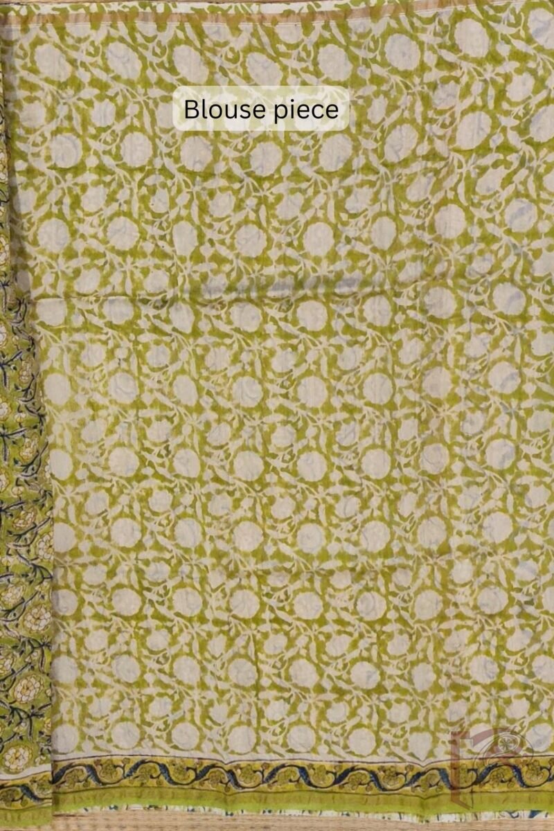 Chanderi Charisma - Lime Green Chanderi Silk Saree with Multicolor Floral Stem Print and Coordinated Printed Blouse - Image 7