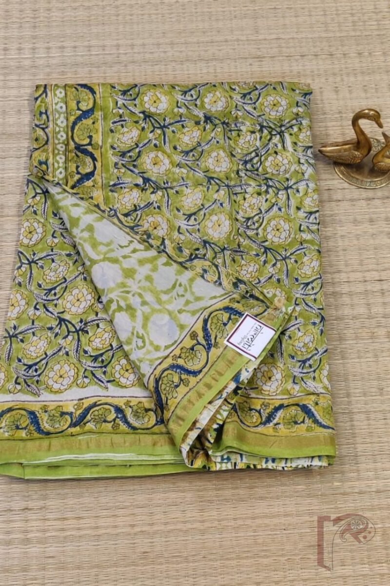 Chanderi Charisma - Lime Green Chanderi Silk Saree with Multicolor Floral Stem Print and Coordinated Printed Blouse