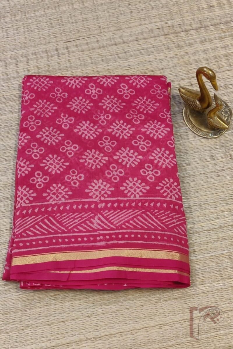Chanderi Charisma - Candy Pink Chanderi Silk Saree with Circle and Diamond Motifs, Peach Line Border, and Coordinated Blouse - Image 2