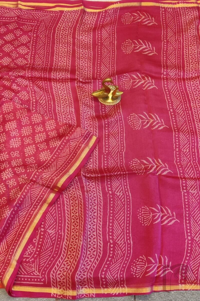 Chanderi Charisma - Candy Pink Chanderi Silk Saree with Circle and Diamond Motifs, Peach Line Border, and Coordinated Blouse - Image 3