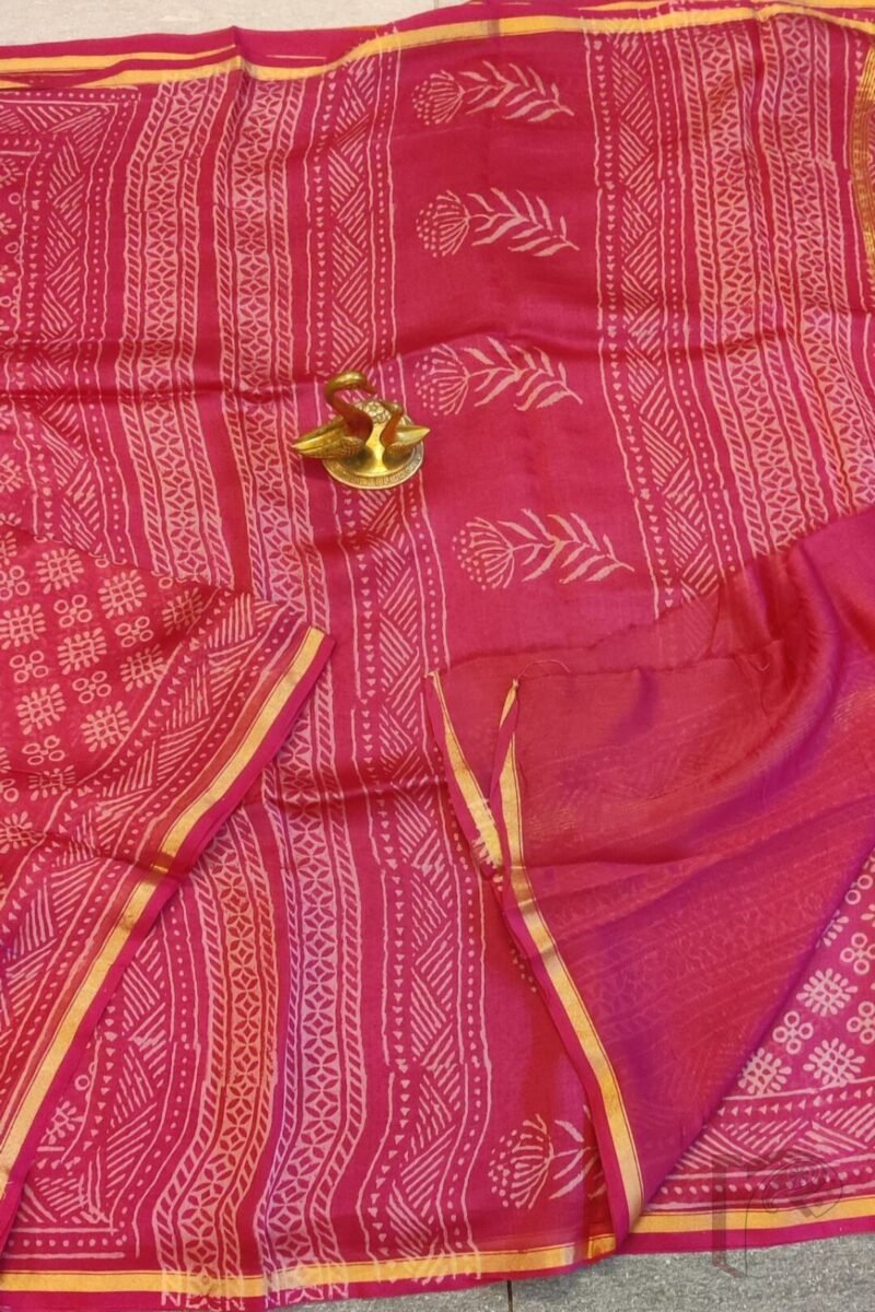Chanderi Charisma - Candy Pink Chanderi Silk Saree with Circle and Diamond Motifs, Peach Line Border, and Coordinated Blouse - Image 6
