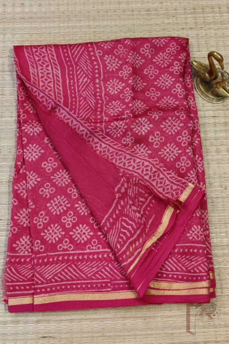 Chanderi Charisma - Candy Pink Chanderi Silk Saree with Circle and Diamond Motifs, Peach Line Border, and Coordinated Blouse