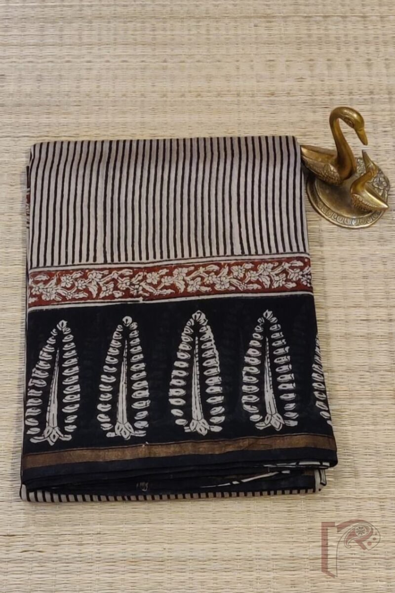 Chanderi Charisma - Cream Chanderi Saree with Black Candy Stripes, Ajrakh Tree Print Border, and Maroon Accent - Image 2