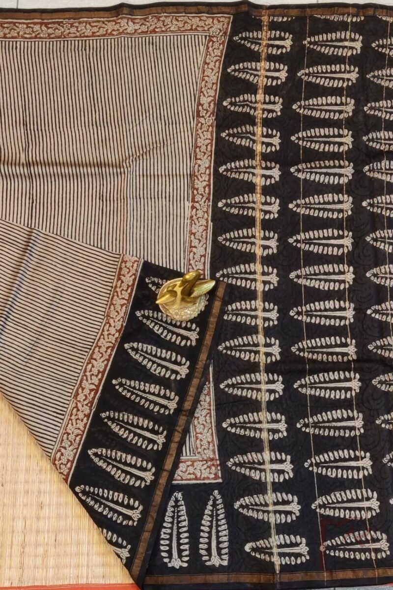 Chanderi Charisma - Cream Chanderi Saree with Black Candy Stripes, Ajrakh Tree Print Border, and Maroon Accent - Image 3