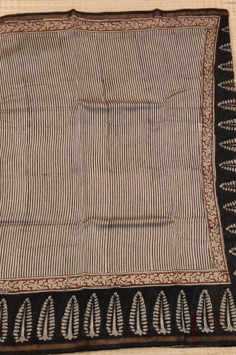 Chanderi Charisma - Cream Chanderi Saree with Black Candy Stripes, Ajrakh Tree Print Border, and Maroon Accent - Image 4