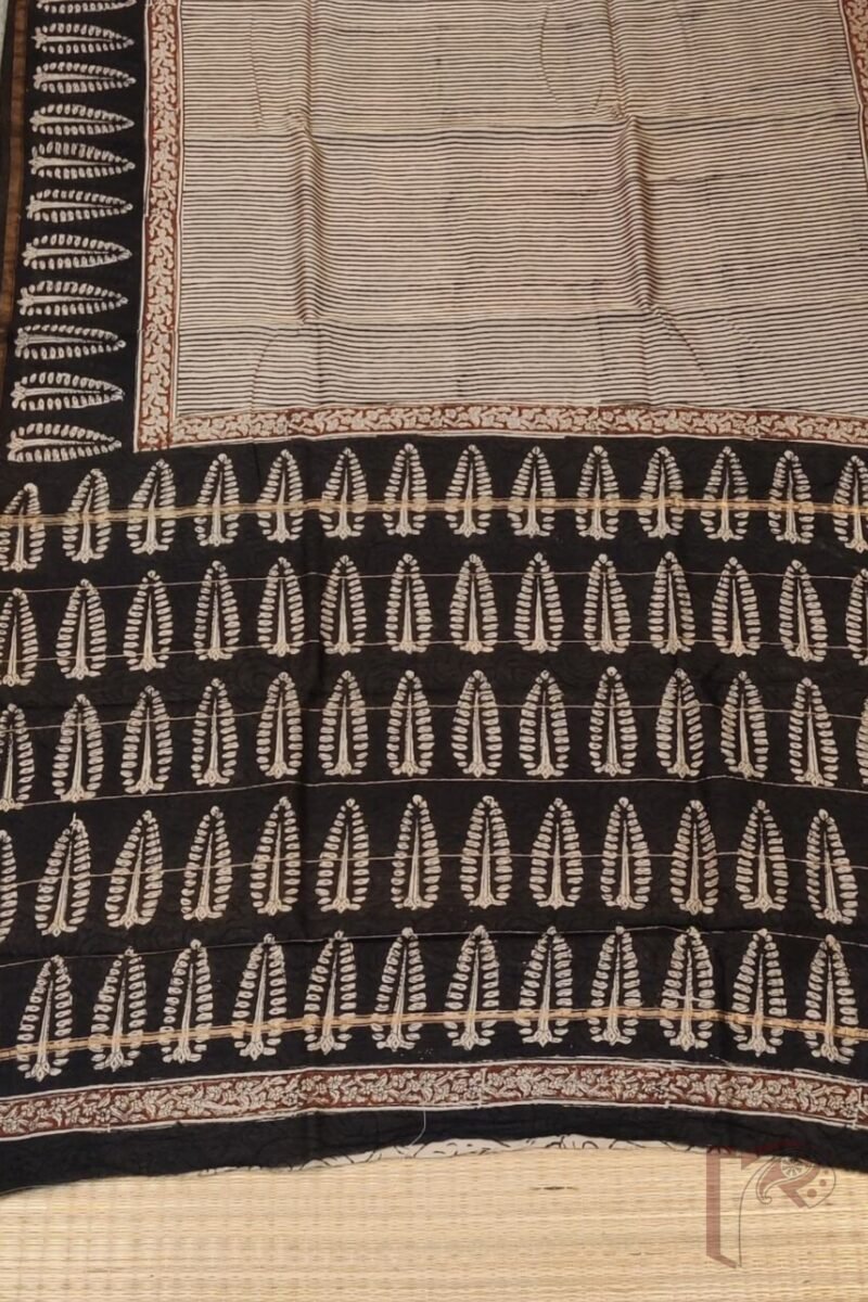 Chanderi Charisma - Cream Chanderi Saree with Black Candy Stripes, Ajrakh Tree Print Border, and Maroon Accent - Image 5