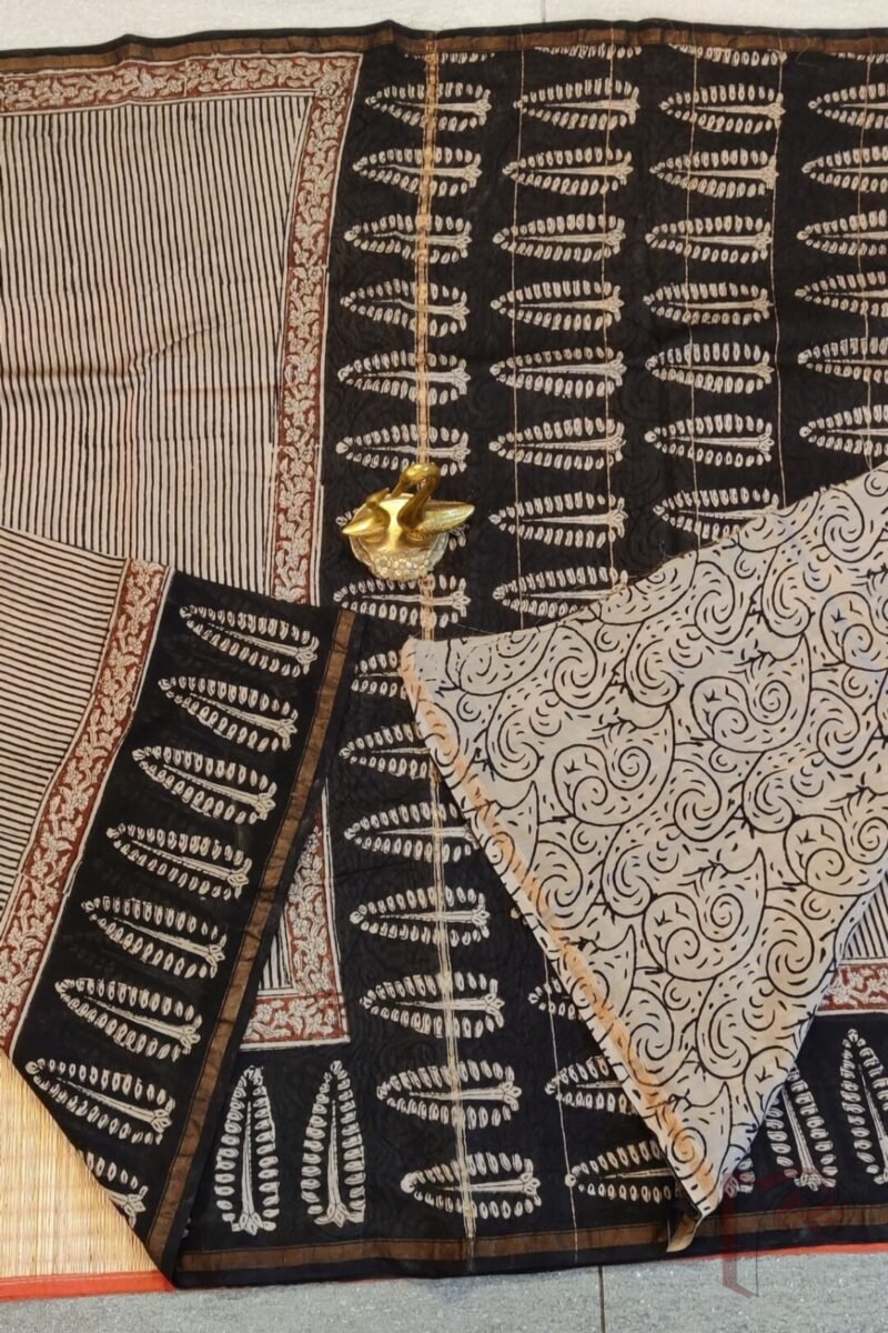 Chanderi Charisma - Cream Chanderi Saree with Black Candy Stripes, Ajrakh Tree Print Border, and Maroon Accent - Image 6
