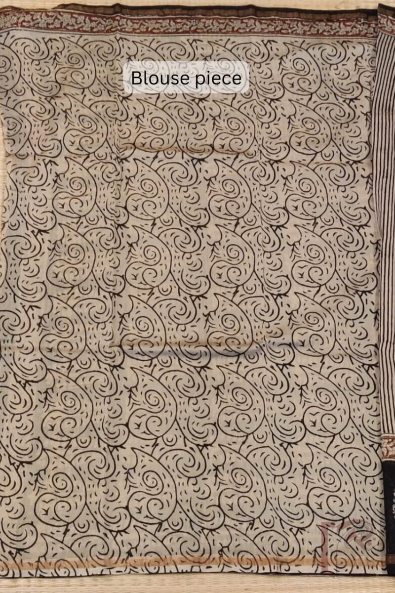 Chanderi Charisma - Cream Chanderi Saree with Black Candy Stripes, Ajrakh Tree Print Border, and Maroon Accent - Image 7