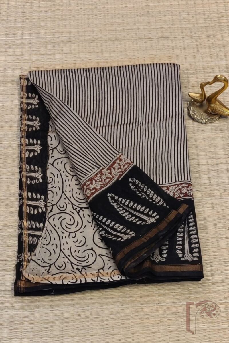 Chanderi Charisma - Cream Chanderi Saree with Black Candy Stripes, Ajrakh Tree Print Border, and Maroon Accent