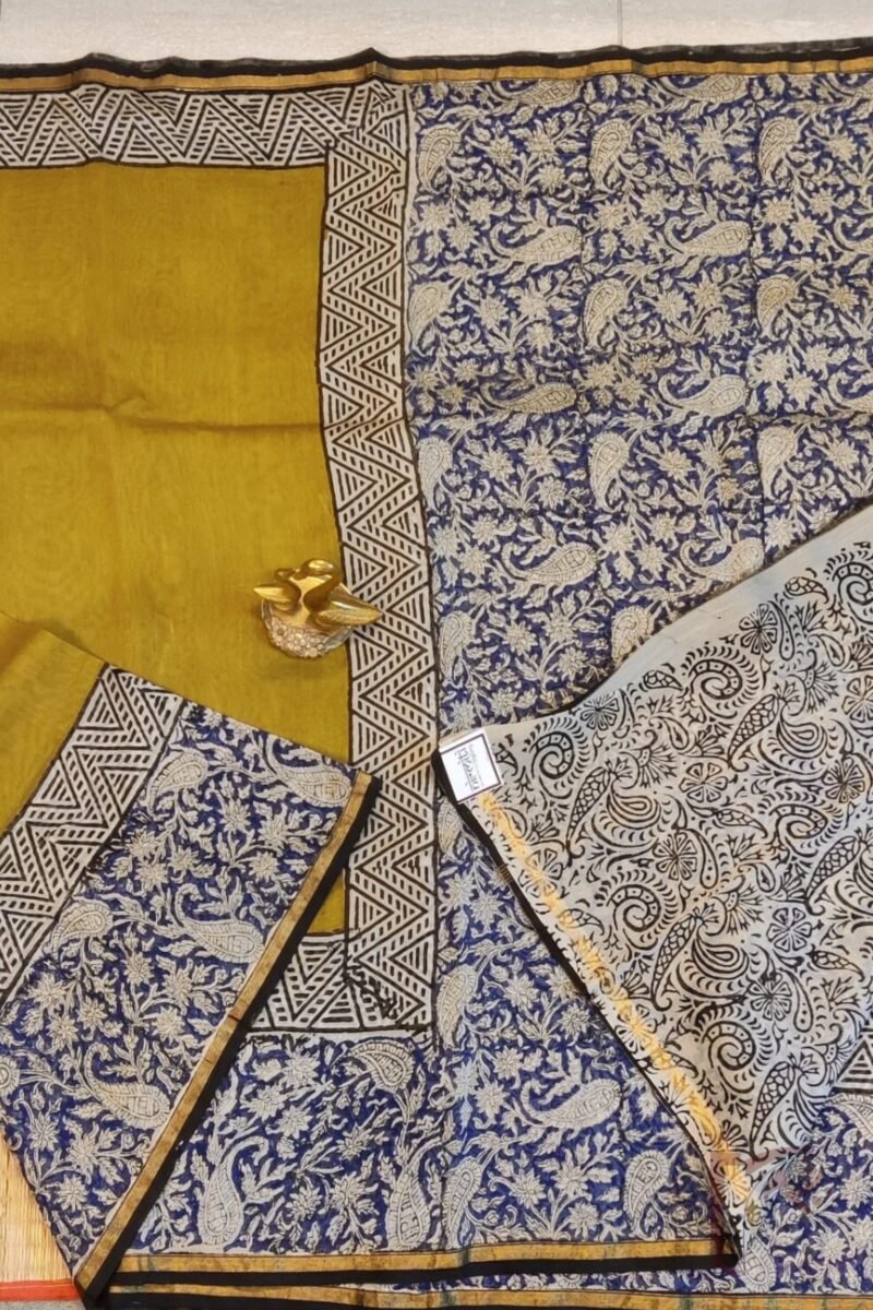 Chanderi Charisma - Mustard Yellow Chanderi Saree with Blue Kalamkari Floral Border, Mango Motif Pallu, and Cream Printed Blouse - Image 6