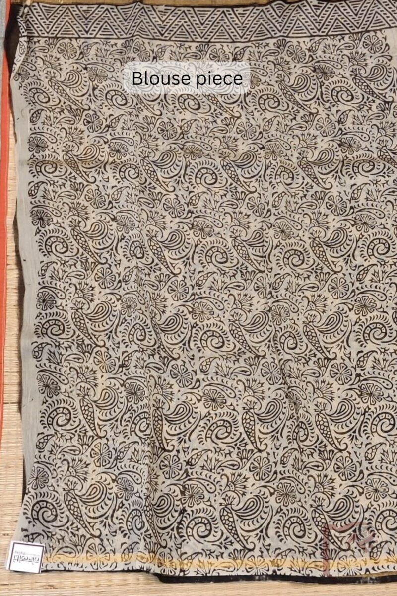 Chanderi Charisma - Mustard Yellow Chanderi Saree with Blue Kalamkari Floral Border, Mango Motif Pallu, and Cream Printed Blouse - Image 7