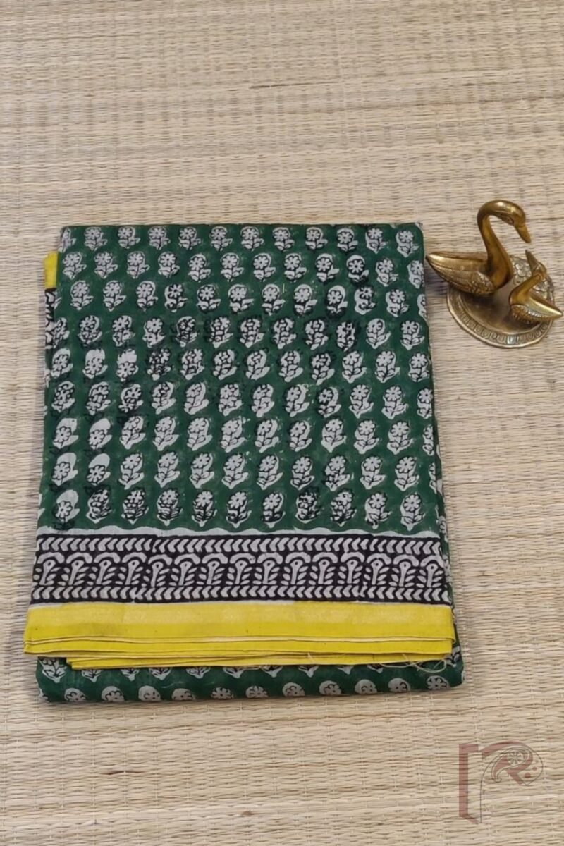 Chanderi Charisma - Dark Green Chanderi Silk Saree with Black Floral Stem Motifs, Cream Pallu with Yellow-Accented Kairi Print, and Dash Printed Blouse - Image 2