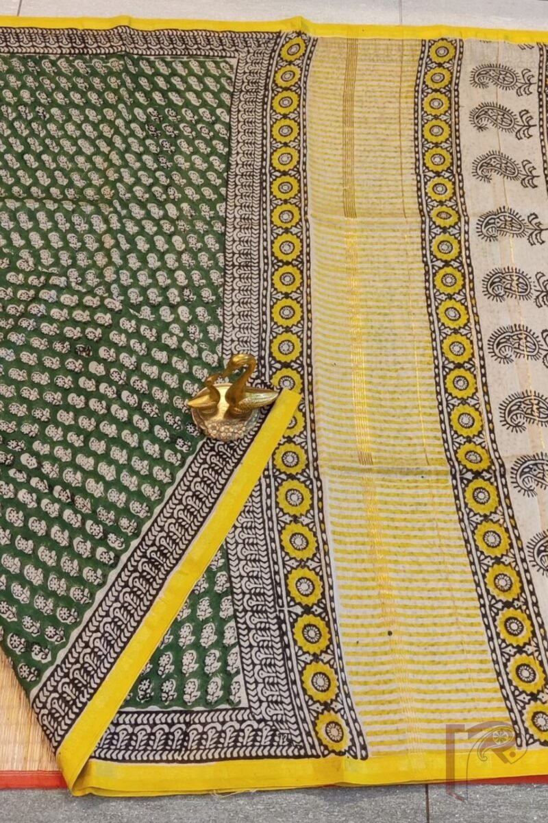 Chanderi Charisma - Dark Green Chanderi Silk Saree with Black Floral Stem Motifs, Cream Pallu with Yellow-Accented Kairi Print, and Dash Printed Blouse - Image 3