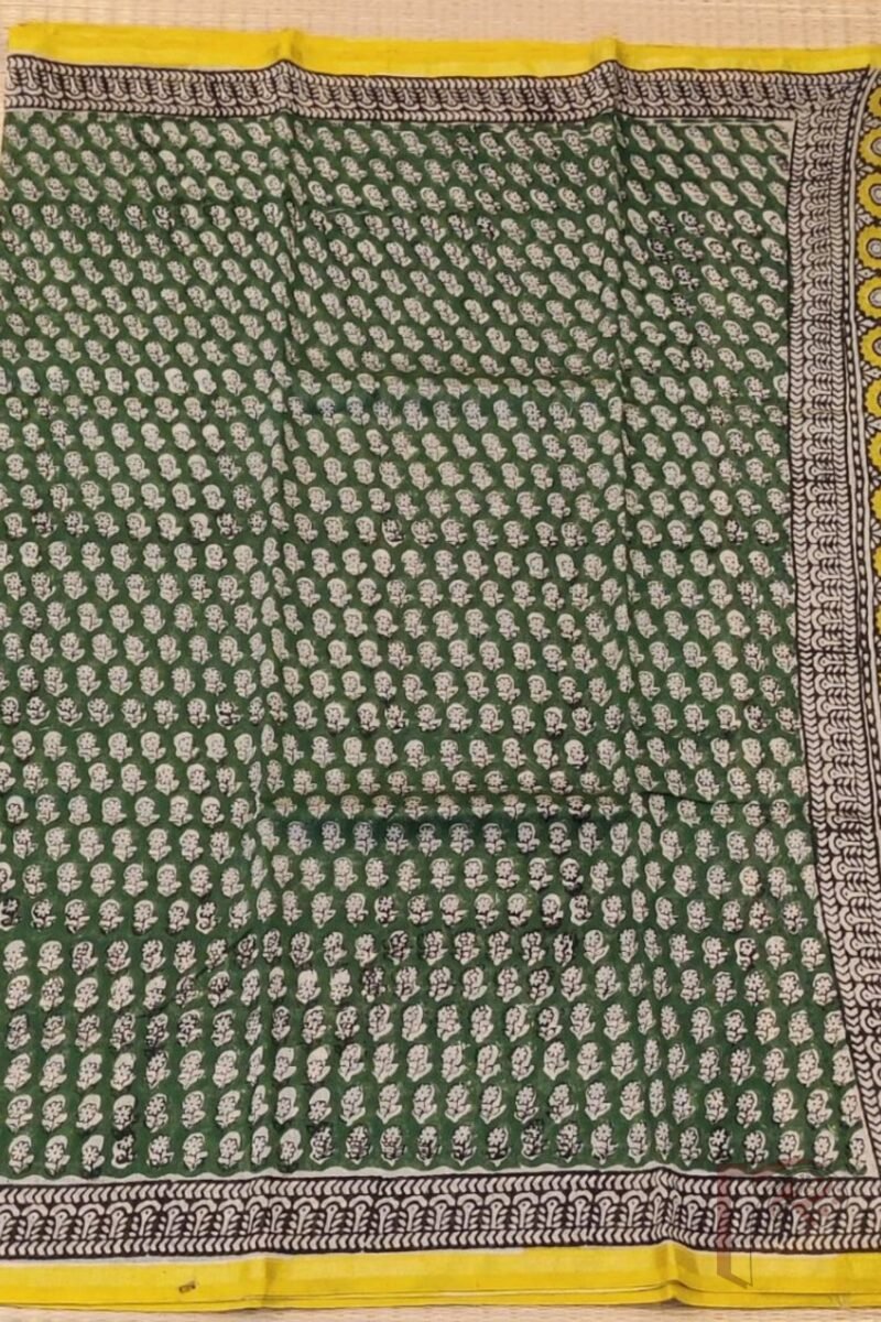Chanderi Charisma - Dark Green Chanderi Silk Saree with Black Floral Stem Motifs, Cream Pallu with Yellow-Accented Kairi Print, and Dash Printed Blouse - Image 4