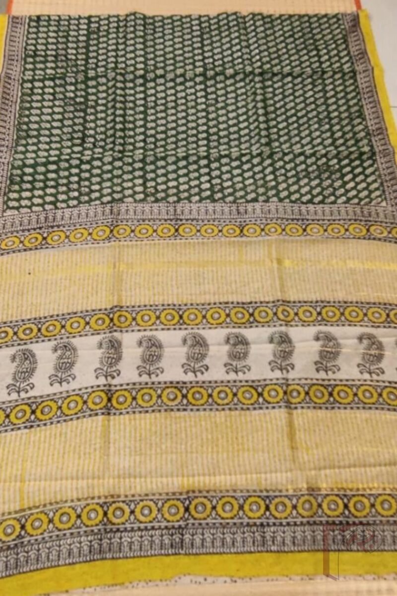 Chanderi Charisma - Dark Green Chanderi Silk Saree with Black Floral Stem Motifs, Cream Pallu with Yellow-Accented Kairi Print, and Dash Printed Blouse - Image 5