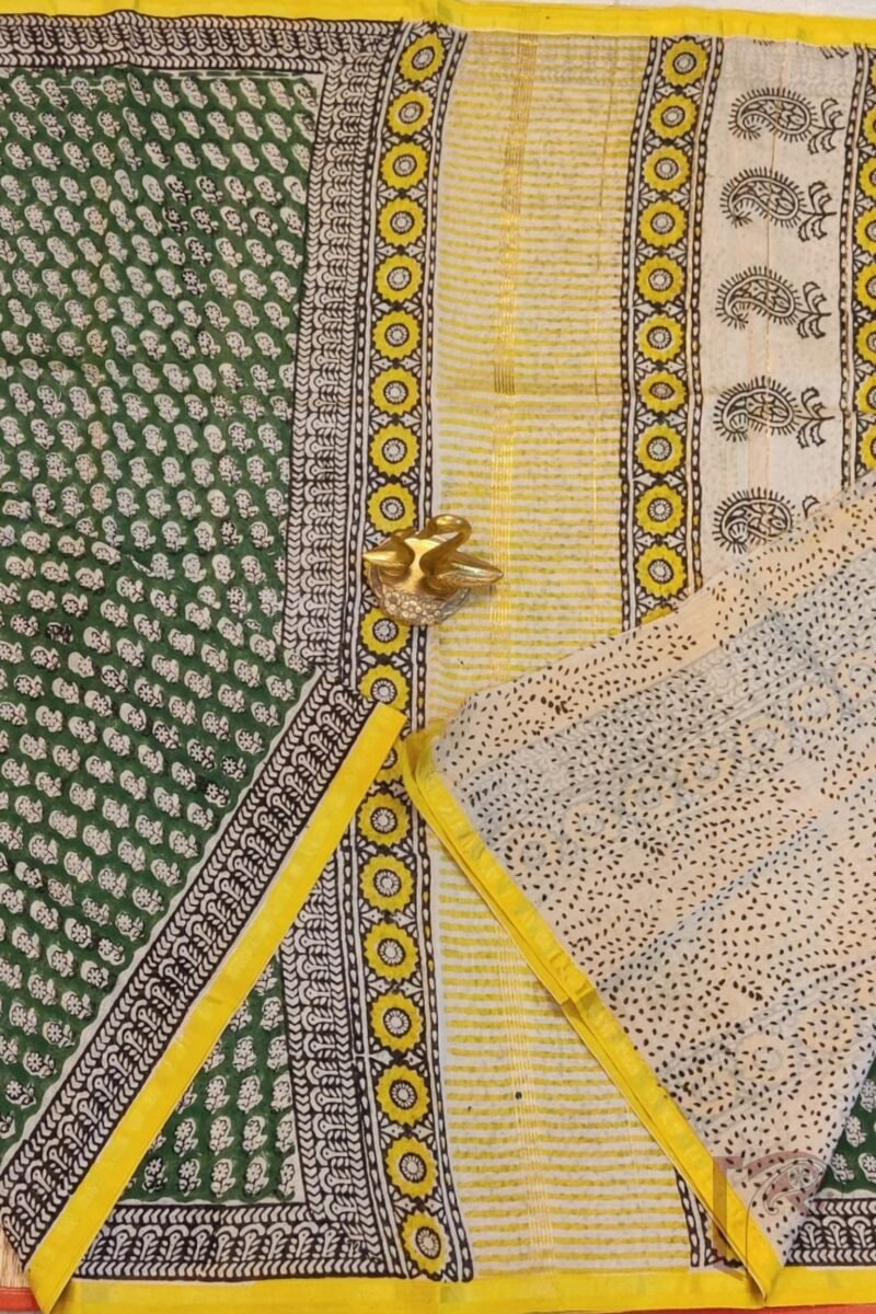 Chanderi Charisma - Dark Green Chanderi Silk Saree with Black Floral Stem Motifs, Cream Pallu with Yellow-Accented Kairi Print, and Dash Printed Blouse - Image 6